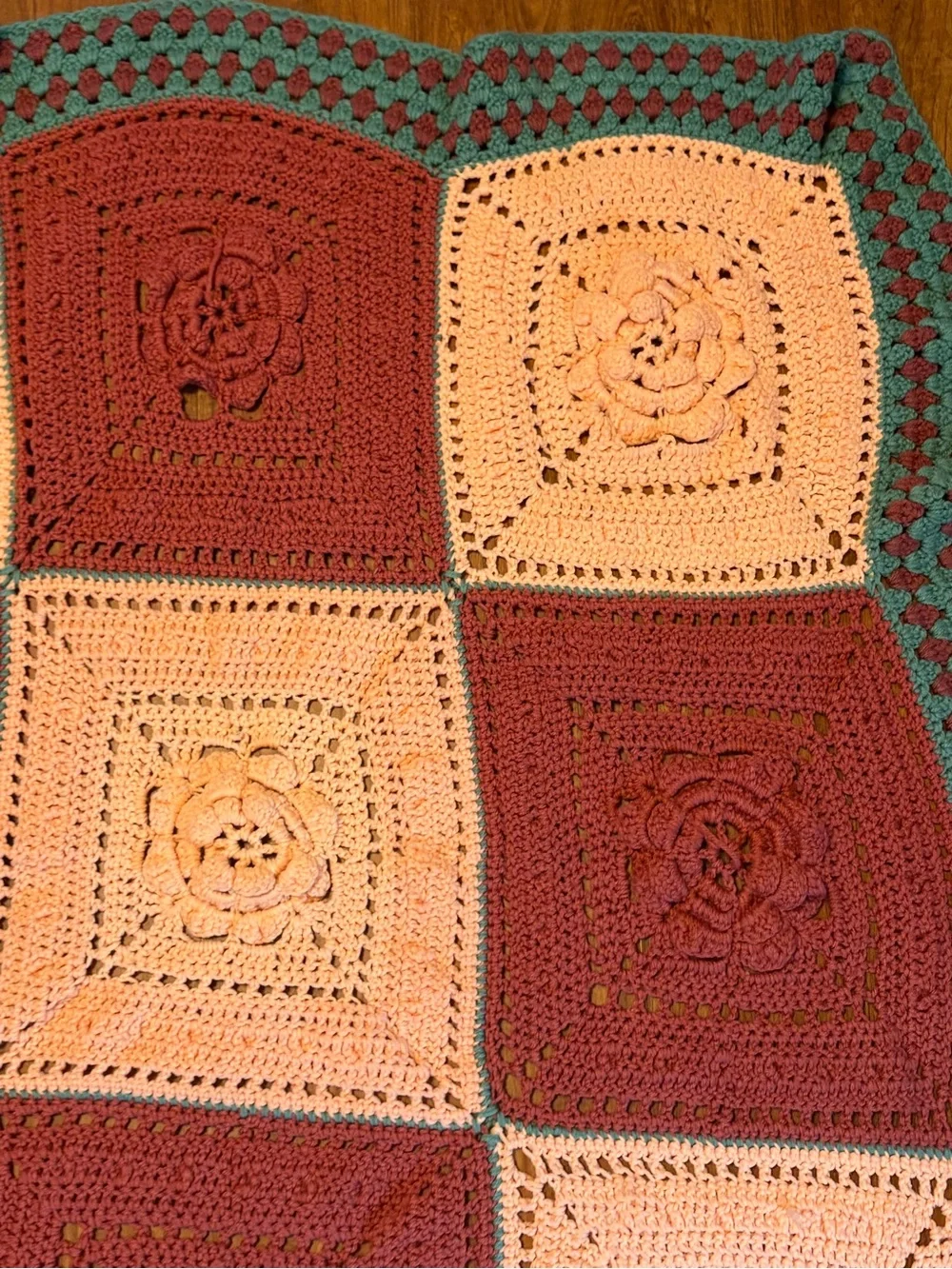 Vtg Granny Afghan Blanket 3D Flower Power Handmade Crochet 49X47” Cottagecore